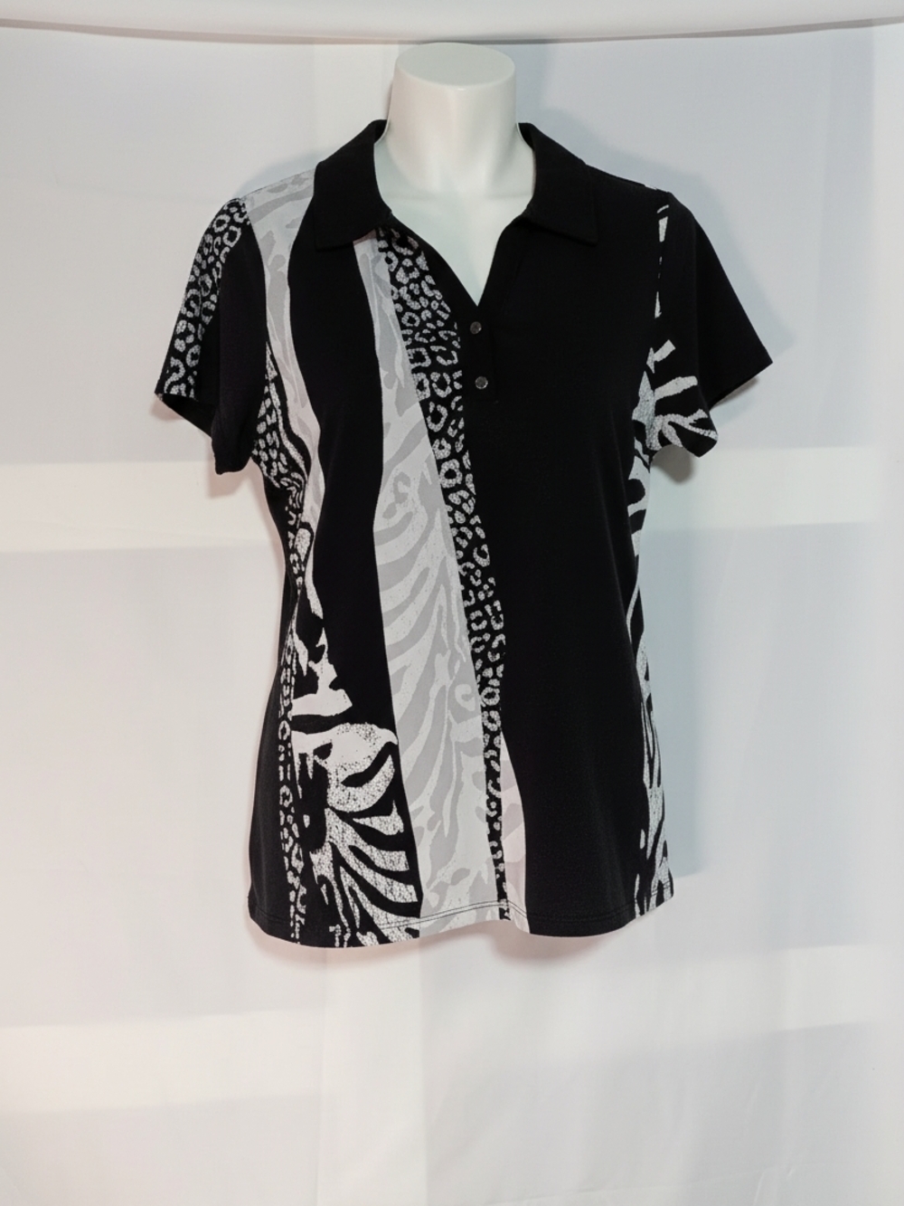 Chico's Weekend Black & White Patterned Polo Top - Women